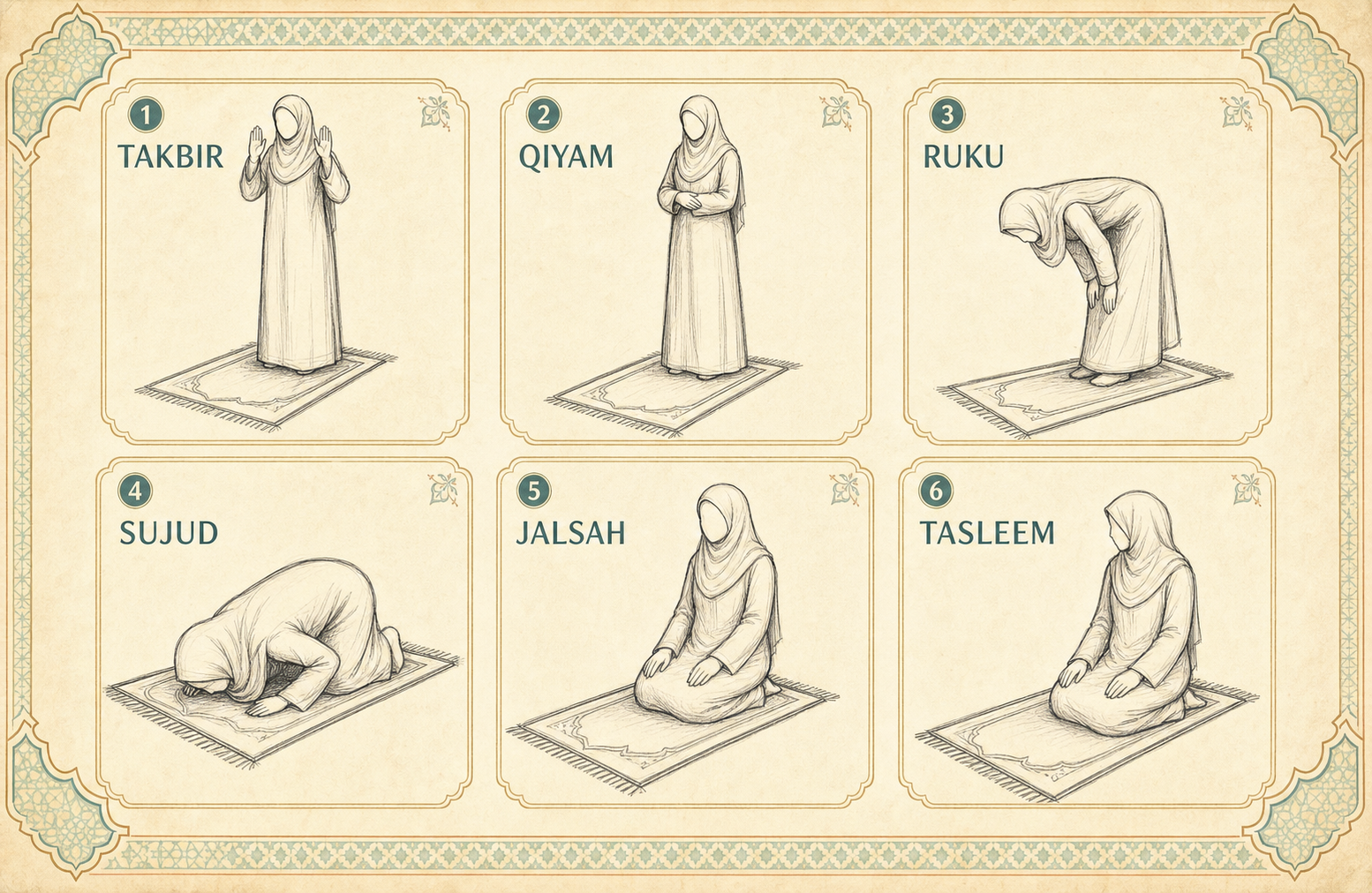 Hand-drawn sisters salah guide showing Takbir, Qiyam, Ruku, Sujud, Jalsah, and Tasleem postures on prayer mats.