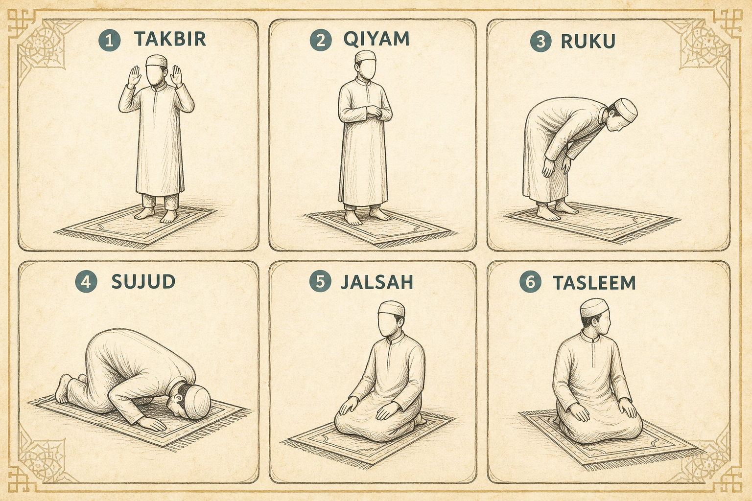 Hand-drawn salah guide showing Takbir, Qiyam, Ruku, Sujud, Jalsah, and Tasleem postures on prayer mats.