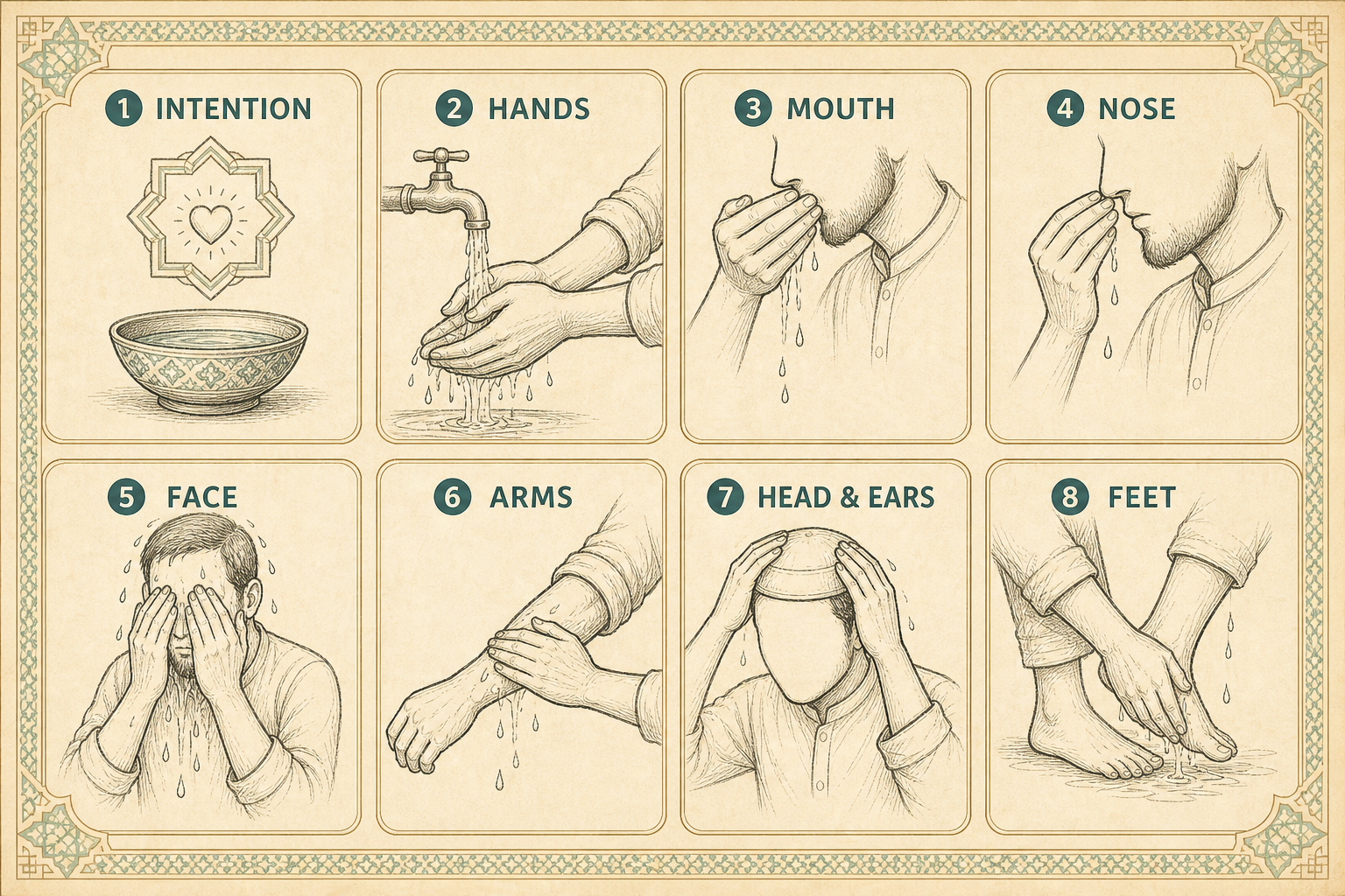 Hand-drawn wudu guide showing intention, washing hands, rinsing mouth and nose, washing face and arms, wiping head and ears, and washing feet.